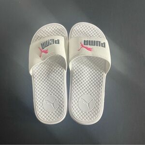 Puma White Slides with Pink Logo